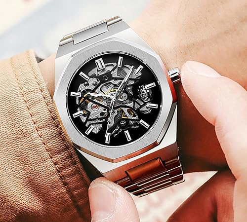 Automatic Watch for Men Fashion Stainless Steel Strap Mechanical Watches Self-Wind Hollow Mechanical Watch