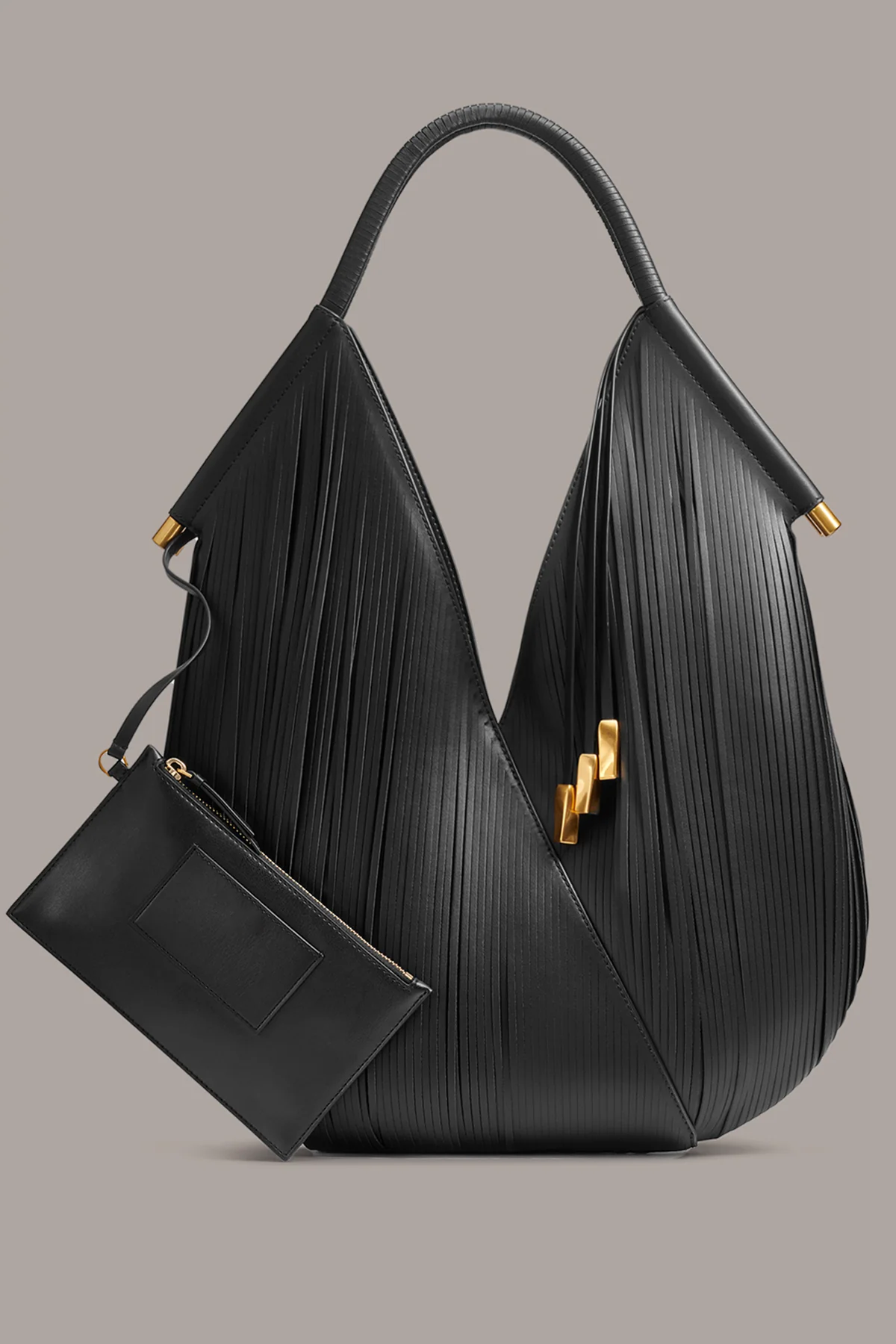 Laser-Cut Pleated Cow Leather Large Handwoven Style Shoulder Bag with Detachable Pouch