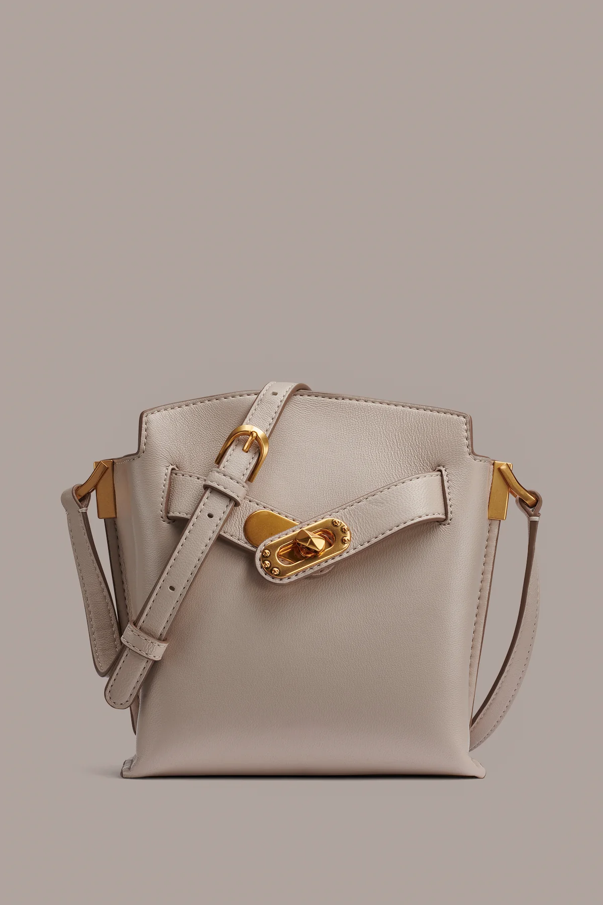 Soft Lamb Leather Turn-Lock Compact Bucket Crossbody Bag