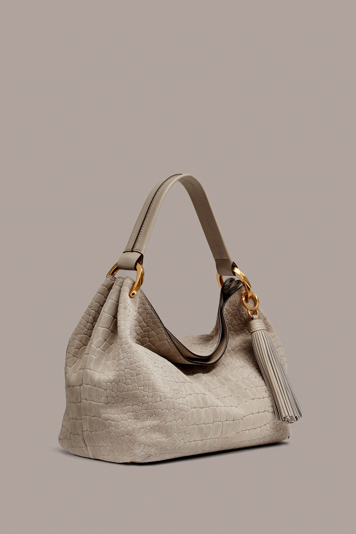 Croc-Embossed Suede Tassel Detail Soft Slouch Hobo Shoulder Bag