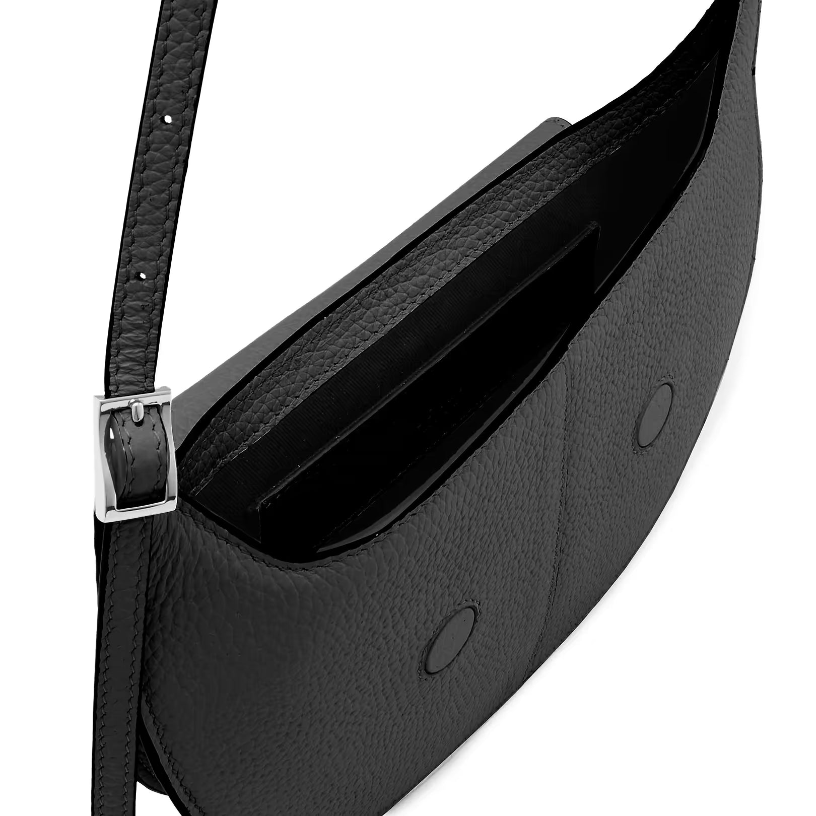 Soft Pebble Grain Leather Flap Minimal Curved Saddle Crossbody Bag