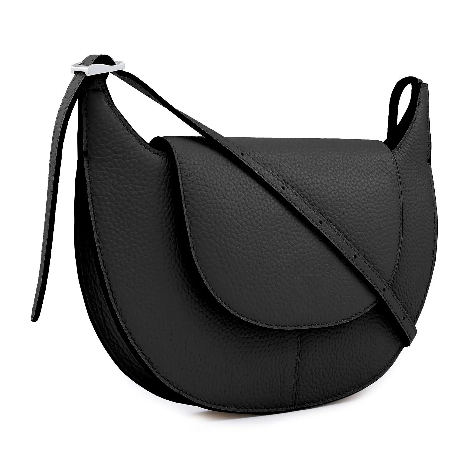 Soft Pebble Grain Leather Flap Minimal Curved Saddle Crossbody Bag