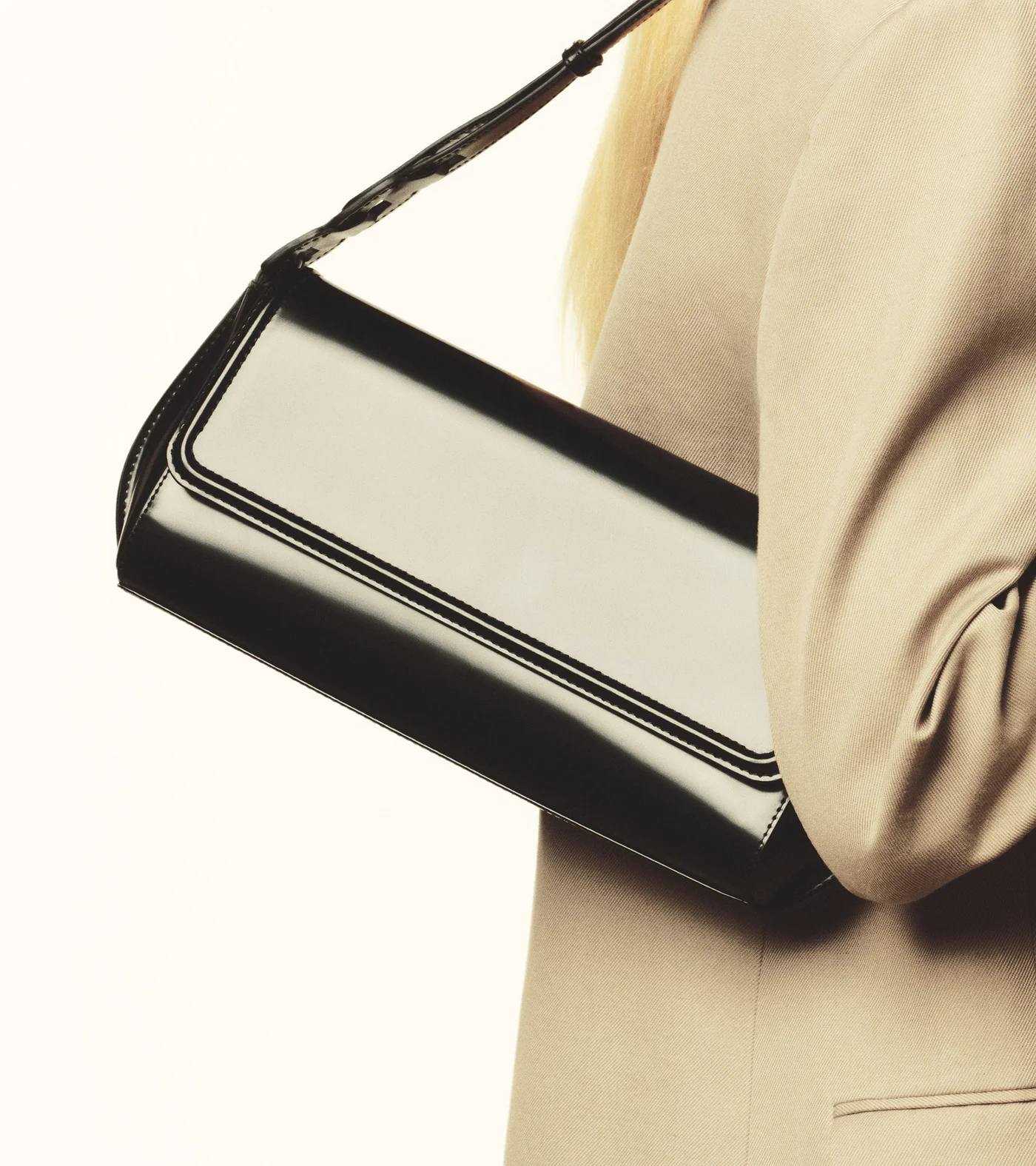 Glossy Smooth Leather Boxy Medium Baguette Shoulder Bag